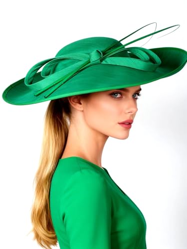 Big Wide Brim Fascinator Hats for Women Ladies Kentucky Tea Party Dress Flat Top Fedoras Hat with Bow Feather - color: Green 1