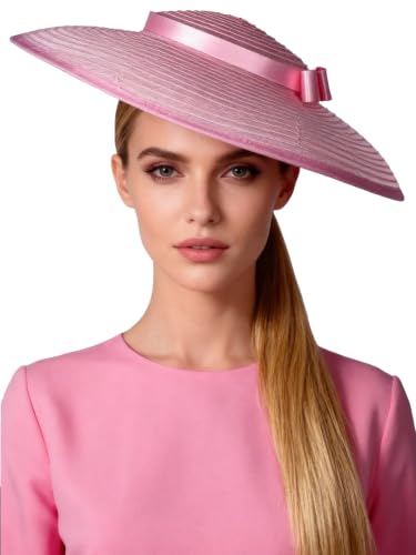 Vintage Fascinators Pillbox Hat for Women Straw Fedora Wide Brim Ladies Church Sinamay Derby Hats - color: Pink