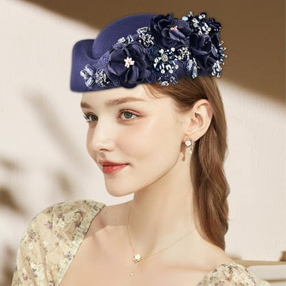 Women's Retro Stewardess Felt Hat, British Berets, Rhinestone Flower Decor, Ladies' Church Derby Hat - color: Navy Blue