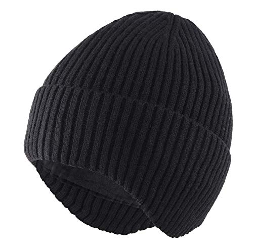 Connectyle Fleece Lined Beanie Hat for Men Women Warm Winter Hats with Earflaps Stretchy Ribbed Knit Skull Cap - color: Black