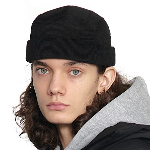 UNDERCONTROL Corduroy Brimless Trawler Leon Harbour Rolled Cuff Miki Watch Cap Unisex Skull Fisherman Tactical Beanie Korea - color: Black