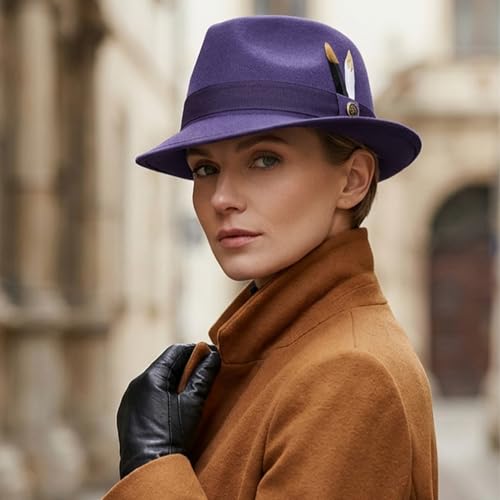 Fedora Hats for Men & Women Short Brim Felt hat Trilby Fedora with Feather Panama Dress Hat - color: Purple, size: Medium