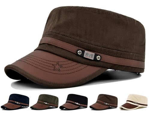 Initlove Military Hat Cadet Army Cap Flat Top Hats for Men Women - color: Coffee