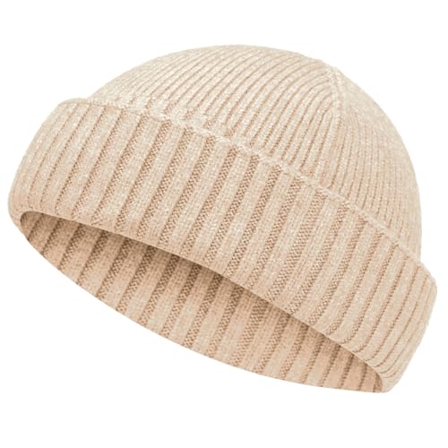 Wool Short Fisherman Beanie for Men Women Double Cuffed Skull Caps - color: 1pcs-apricot