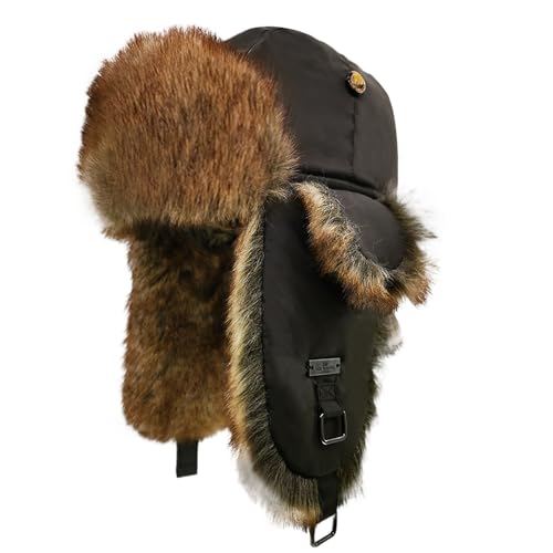 Fur Winter Trapper Hat,Unisex Taslon Faux Fur Aviator Ski Trapper Trooper Pilot Hat,Snow Eskimo Hat with Ear Flaps - color: Brown, size: Small-Medium