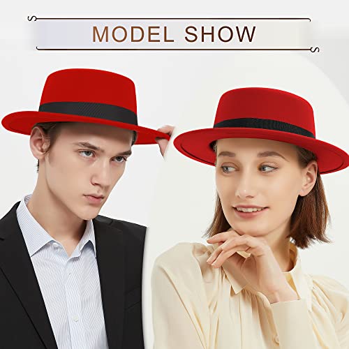 Classic Fedora Hat Flat Top Hat Felt Pork Pie Hat Wide Brim Church Derby Cap for Women and Men - color: Red