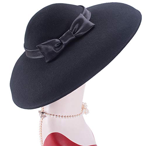 Lawliet Womens Vintage Black Wool Felt Floppy Wide Brim Dress Church Bridal Hat A508
