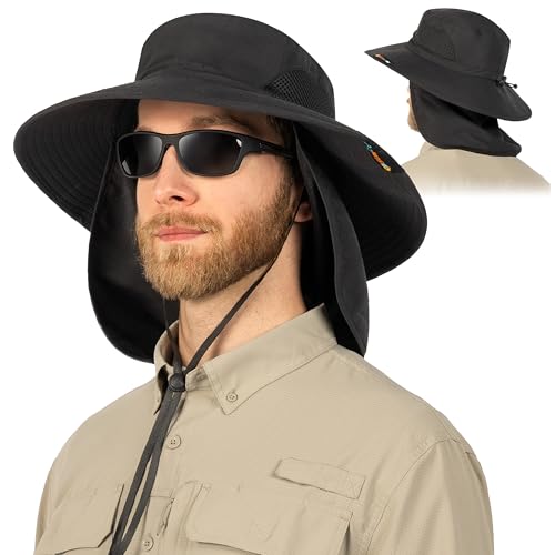 SUN CUBE Wide Brim Sun Hat for Men & Women, UPF 50+ UV Protection, Mesh Boonie Hat with Chin Strap, Fishing Hiking Hat - color: Black With Flap