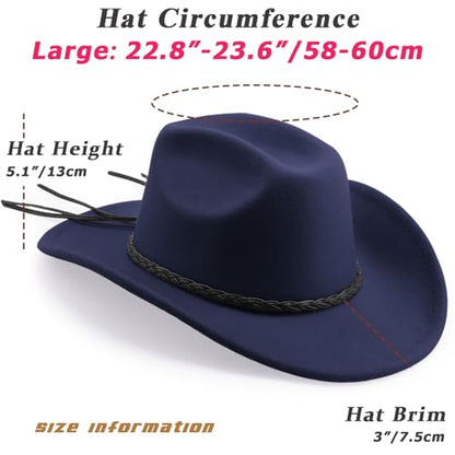 DRESHOW Western Cowboy Hat for Men Women Cowboy Cowgirl Hat Outdoor Wide Brim Retro Felt Fedora Hats Unisex Rolled up Caps - color: 1 Pack Style 9: Navy Blue With Braided Band