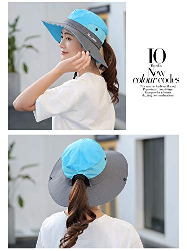 Women's Outdoor-UV-Protection-Foldable-Sun-Hats-Wide-Brim Hat Ponytail-Hole - color: Pink+blue