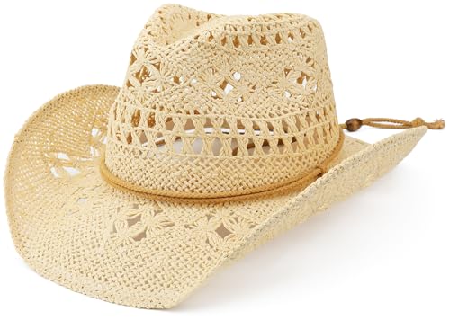 Straw Cowboy Hat for Women and Men with Shapeable Wide Brim Sun Beach Western Cowgirl Hat - color: Beige