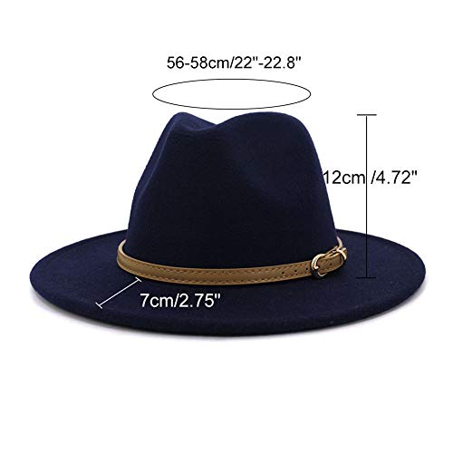 Lisianthus Women Classic Felt Fedora Wide Brim Hat with Belt Buckle - color: Navy Blue