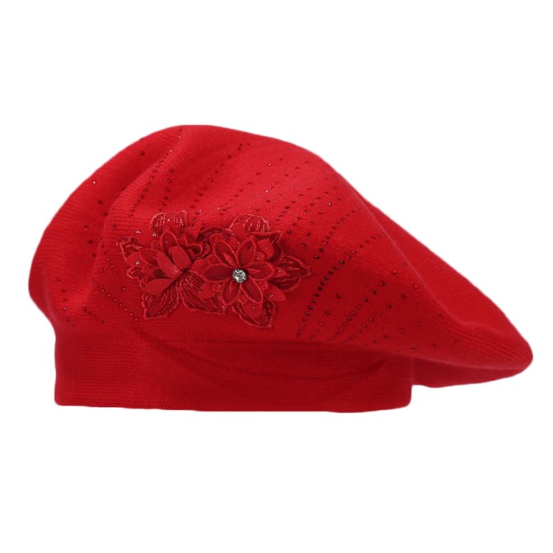 Flower Embroidery Beret Hat for Women, French Style Knitted Beret Hats, Stylish Solid Color Beret Cap for Women Girls Lady - color: 2 Flowers Red