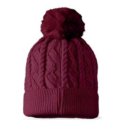 DALIX Cable Knit Pom Beanie Soft Stretch Skully Warm Fuzzy Faux Sherpa Winter Ski Beanie - color: Maroon