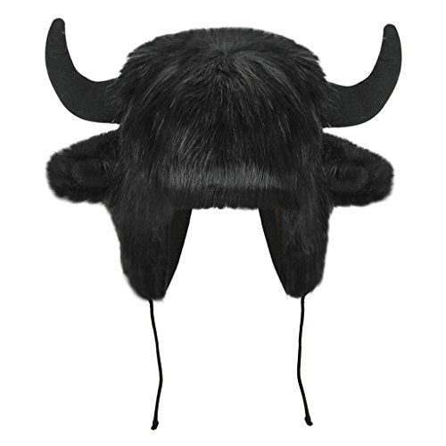Holiberty Cute Animal Horns Ears Winter Hat Plush Fur Warm Trapper Hat Funny Viking Christmas Halloween Costume Snow Ski Hat - color: Black, With Buffalo Horns