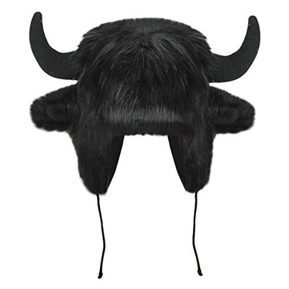 Holiberty Cute Animal Horns Ears Winter Hat Plush Fur Warm Trapper Hat Funny Viking Christmas Halloween Costume Snow Ski Hat - color: Black, With Buffalo Horns