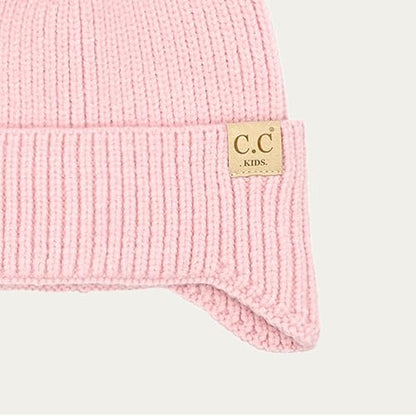 C.C Kids Ear Flap Fur Pom Beanie for Boys Girls - Comfortable Soft Warm Children Youth Knit Skully Hat with Faux Fur Pom - color: Pink