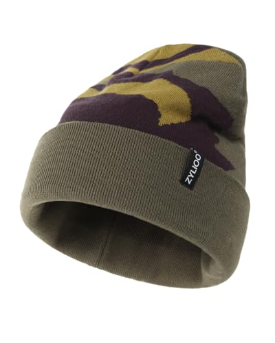 Zylioo XXL Beanie for Men,Big Head Winter Knit Hat,Stretch Warm Skull Cap - color: Camo Green, size: X-Small-Small