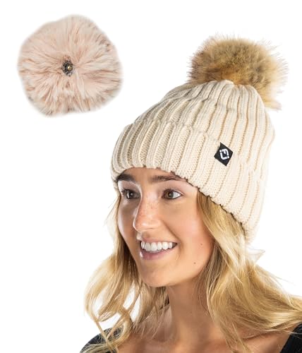 Funky Junque Women’s Winter Detachable Pom Beanie – Warm Knit Hat with Removable Faux Fur Pom, Soft Stretch Acrylic Cozy Cap - color: Beige
