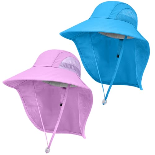 Kids Sun Hat UPF50+ Summer Beach Play Sun Protection Hats with Neck Flap for Ages 5~14 Girls Boys - color: Blue＆purple