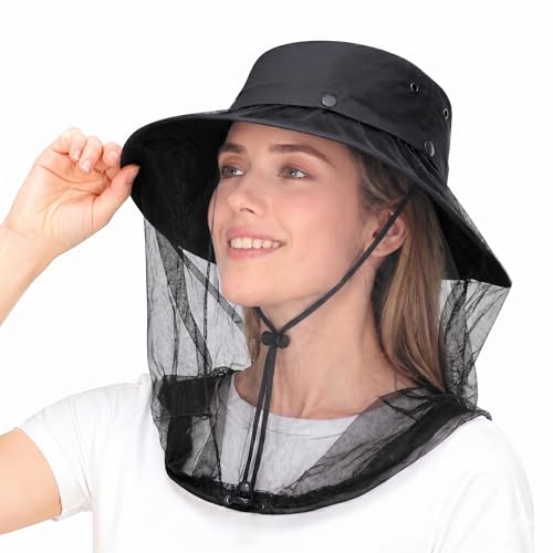 Wide Brim Bucket Sun Hat with Concealable Mosquito Mesh, Adjustable Chin Strap for Fishing, Gardening, Hiking & Camping - color: Black