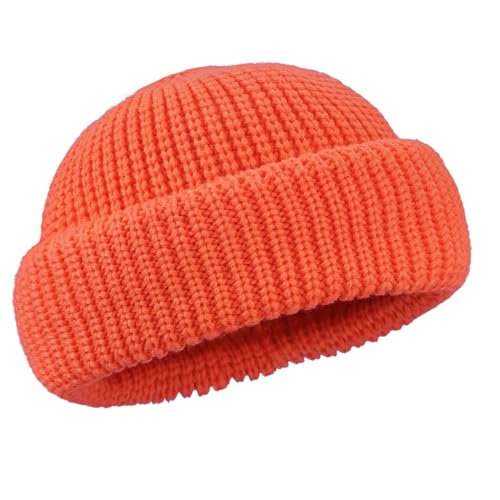 Clakllie Trawler Beanie Watch Hat Knit Cuffed Skullcap Roll-up Edge Stocking Hats Rolled Cuff Knitted Hat Ski Cap - color: Cdus-ddth3-orange