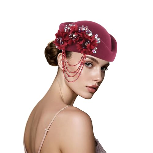 ASO OKE Beret Hats for Women British Felt hat Women's Church Derby with Tassel decorationhat Suitable for Wedding Parties - color: Wine Red