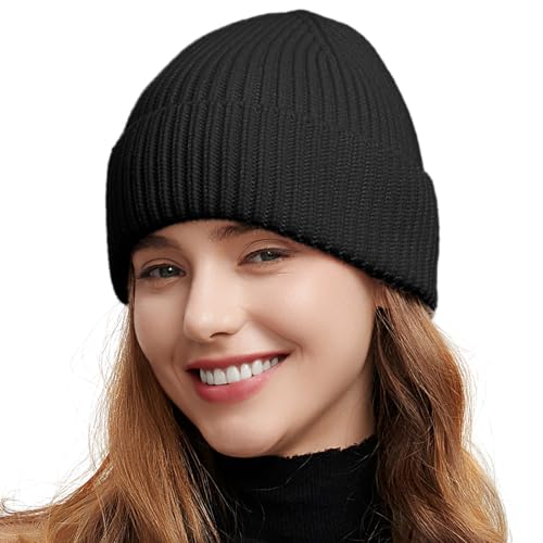 vidsel 50% Wool Thick Beanie Hat Men Women, Seamless Cuffed Winter Knit Cap - color: 1pcs Black