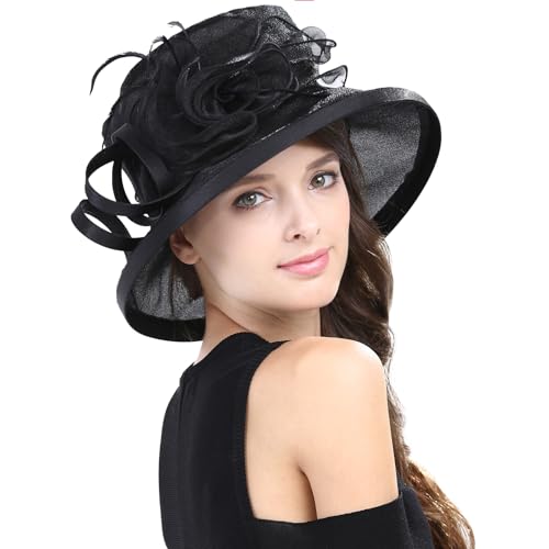 Womens Church Derby Wide Brim Sun Hat Girl Tea Party Headwear Bridal Wedding Fascinator - color: Black