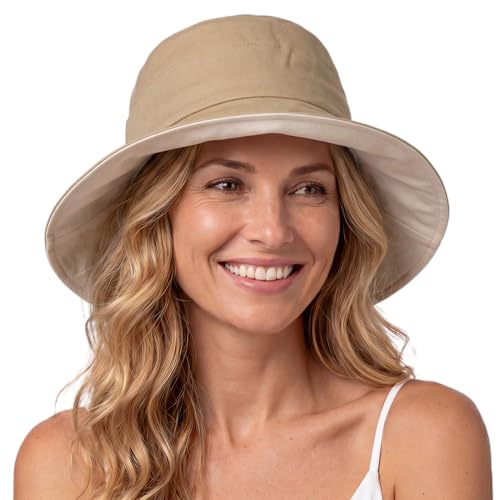 TOP-EX ChicPony Women's UPF 50+ Cotton Linen Wide Brim Sun Hat - color: Khaki, size: Medium