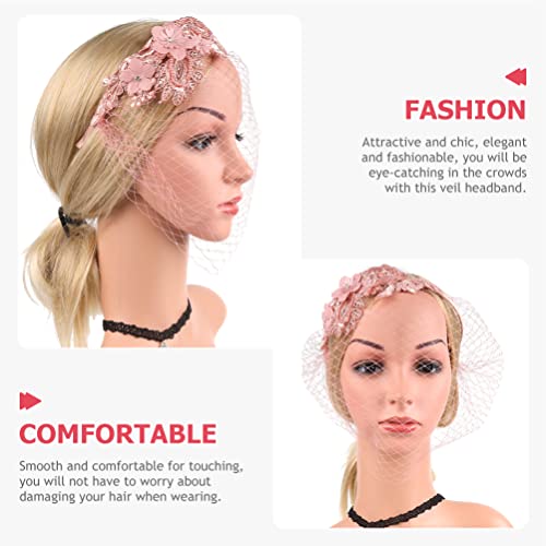 Beaupretty Womens Fascinators Hat Bridal Wedding Veil Mesh Lace Headband Tea Party Headwear Fascinator Veil Headband - color: Pink