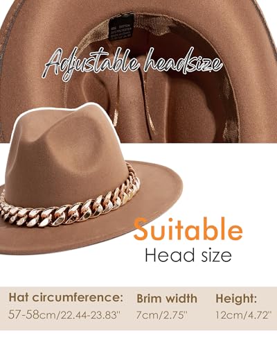 Men & Women Wide Brim Fedora Hat with Chain Buckle - color: Chain Belt-khaki