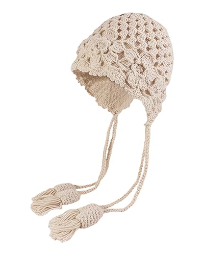 MINGSEECESS Women Girls Knitted Beanie Hat Crochet Braided Knit Warmer Cap Skiing Snowboarding Ear Flap Hats - color: Knitted-beige