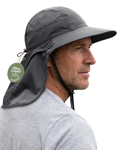 Hat Hut Ultra-Light Sun Hat with Neckflap, UPF 50+, Wide Brim, Breathable Outdoor Hiking Fishing Hats for Men - color: Dark Grey
