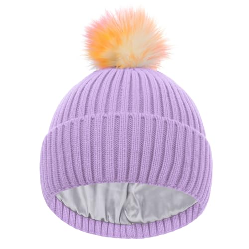 LiuSuper Kids Winter Hat, Girls Beanies 7-14, Satin Lined Beanie for Girls, Pom Pom Silk Lined Cuffed Beanie - color: Light Purple