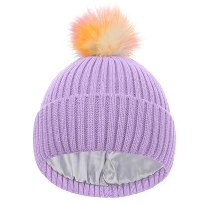 LiuSuper Kids Winter Hat, Girls Beanies 7-14, Satin Lined Beanie for Girls, Pom Pom Silk Lined Cuffed Beanie - color: Light Purple