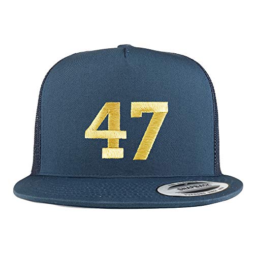Trendy Apparel Shop Number 47 Gold Thread Embroidered Flat Bill 5 Panel Trucker Cap - color: Navy