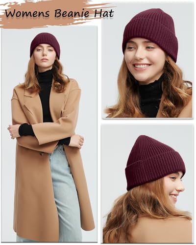 Wool Beanie for Men Women, Seamless Knit Cuffed Warm Winter Hats - color: 1pcs-wine Red