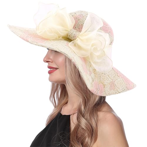 Haoohu Women's Church Derby Hat Wide Brim Bow Bucket Hat Wedding Dress Hat Fascinator Bridal Tea Party Hat - color: 03966beige