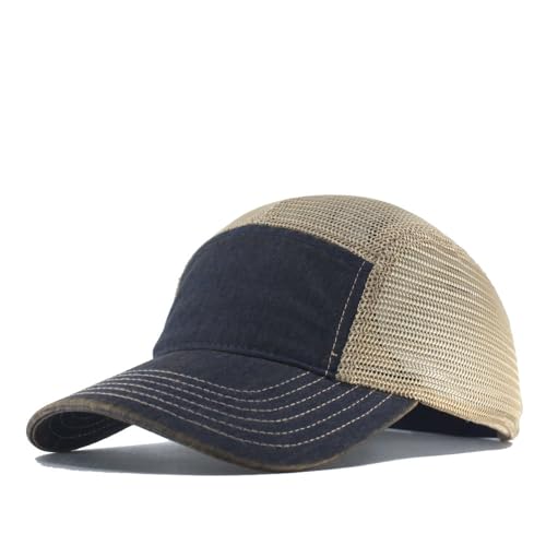 Washed Cotton Twill Five Panel Adjustable Camper Caps - color: Dirty Wash Navy/Khaki Mesh