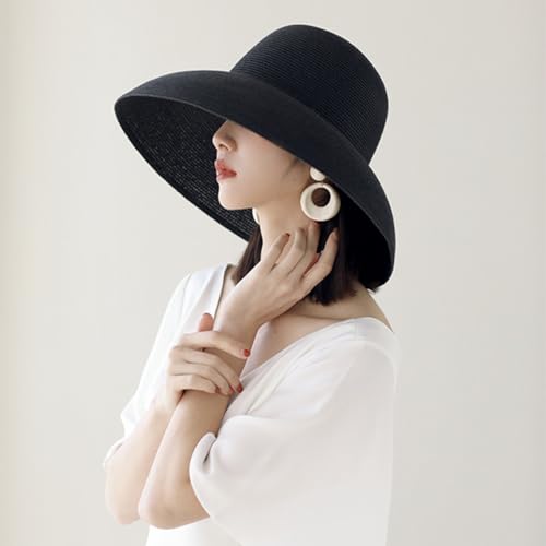 Women Floppy Sun Hat Wide Brim Straw Beach Cap UPF Straw Foldable Sun Hat for Summer - color: Black