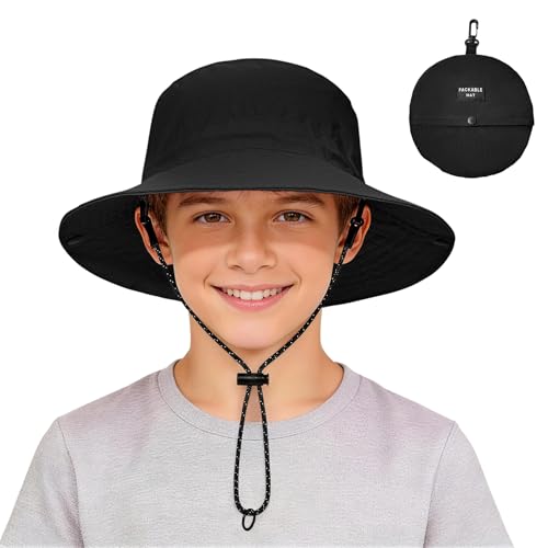 Zando Packable Kids Sun Hat UPF 50+ Girls Boys Beach Bucket Hat Summer - color: Black, size: 8-12 Years