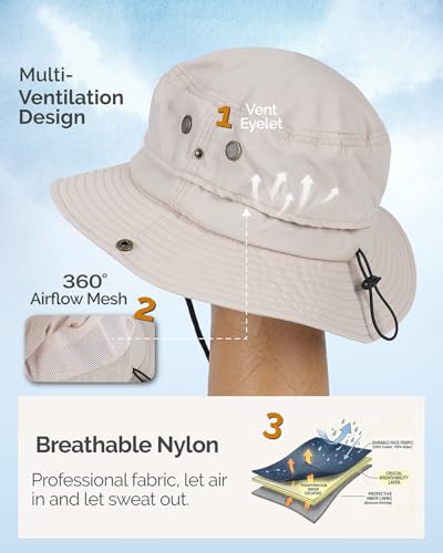 Hat Hut Mens Waterproof Bucket Rain Hat, UPF50+ Sun Hat, Wide Brim, Packable, All-Weather Outdoor Hiking Fishing Hats - color: Beige