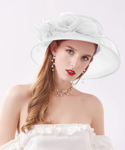 Women Organza Kentucky Hat Fascinator Tea Party Derby Hat Feather Wedding Church Head Ornament Sun Hats - color: 017-white