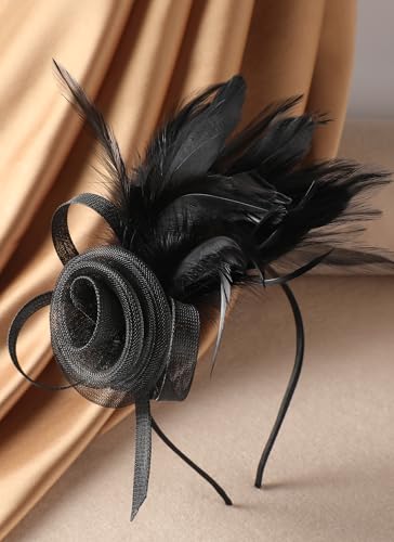 Zinniday Victorian Feather Fascinators Hats - 2025 Derby Attire Headwear with Hairpin,1920s Tea Party Hat for Woman - color: Black