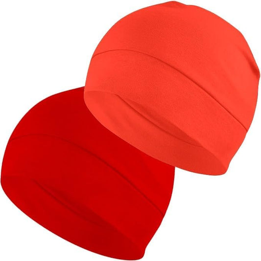BISMAADH Cotton Skull Caps for Men and Women,2-Pack Lightweight Beanie Sleep Hats Breathable Helmet Liner Biking - color: Red & Orange