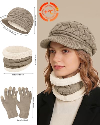 Loritta 3 in 1 Womens Winter Hat Gloves Scarf Set, Warm Hat Mittens - color: Coffe