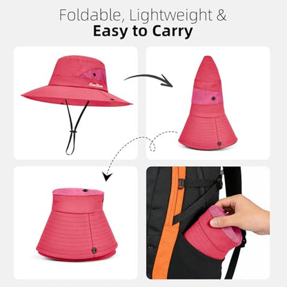 Rosoz Ponytail Sun Bucket Hats for Women UV Protection Foldable Wide Brim - color: 1 Pack-pure Watermelonred