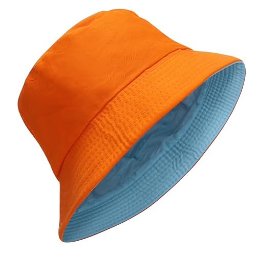 PFFY Reversible Bucket Hat for Women Men Cotton Sun Beach Fishing Cap - color: Orange/Sky(reversible)