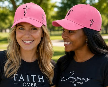 Christian Faith Cross Hats, Embroidered Baseball Caps for Men & Women - color: Pink Black